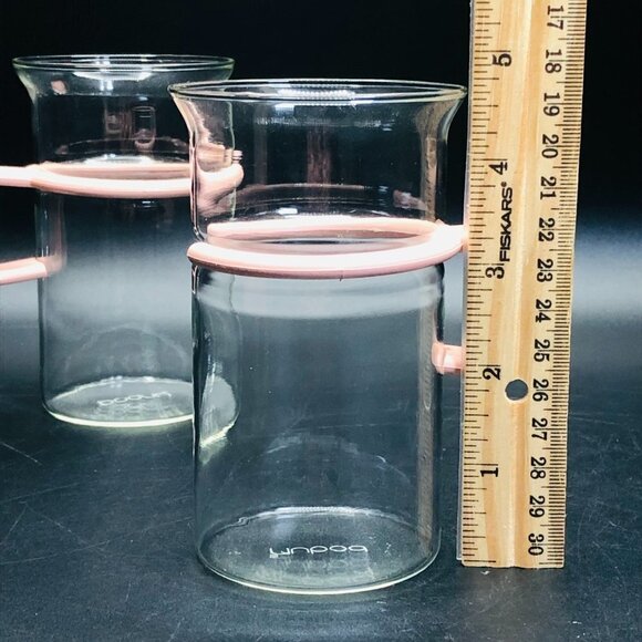 BODUM Coffee Cup PAIR Vintage French Bistro Clear Glass Mugs 70s Pink Handles - Picture 12 of 12